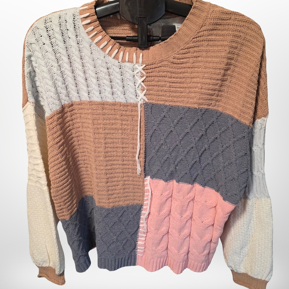 POL Patchwork Sweater in Pink, Gray, Brown, and Cream